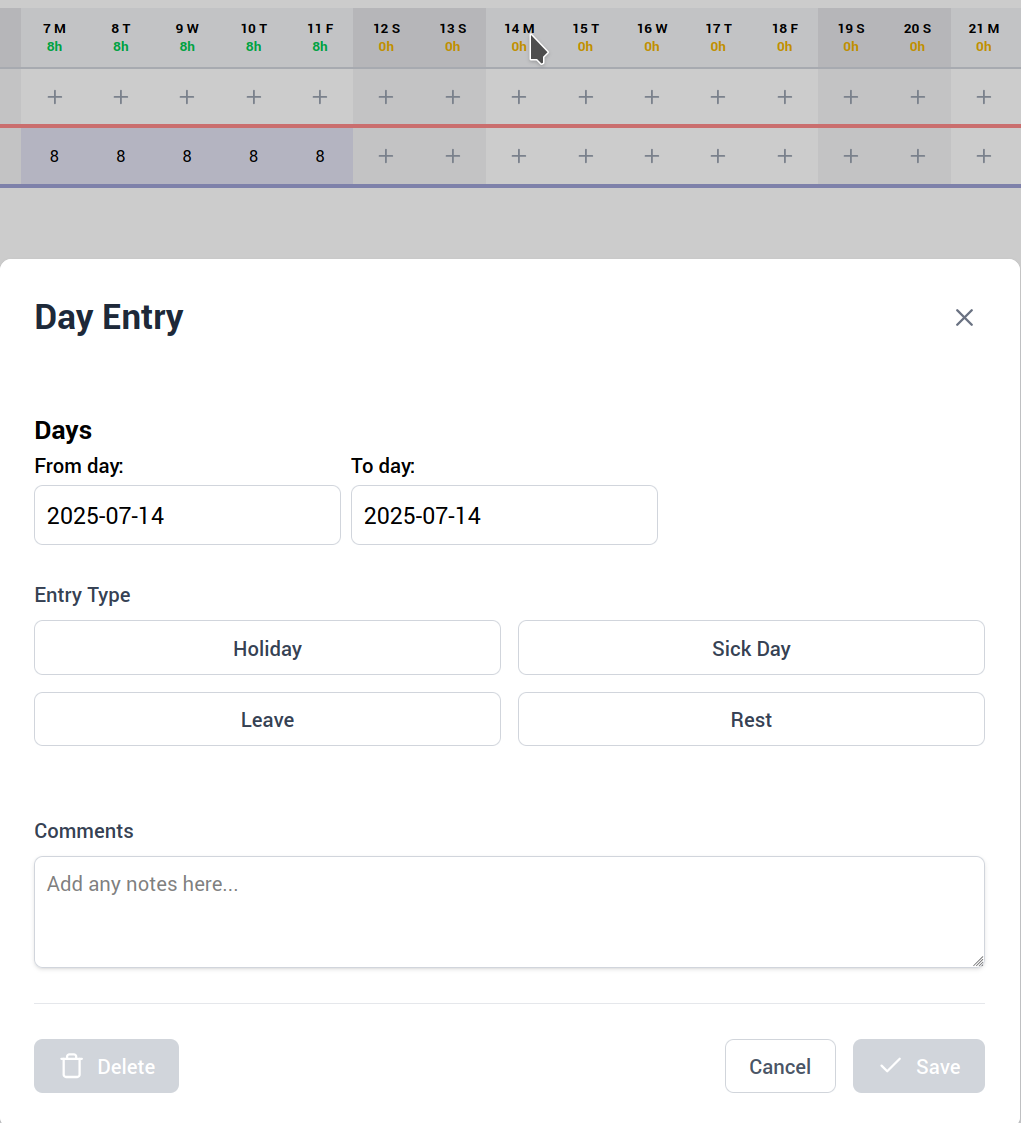 Day Entry popup